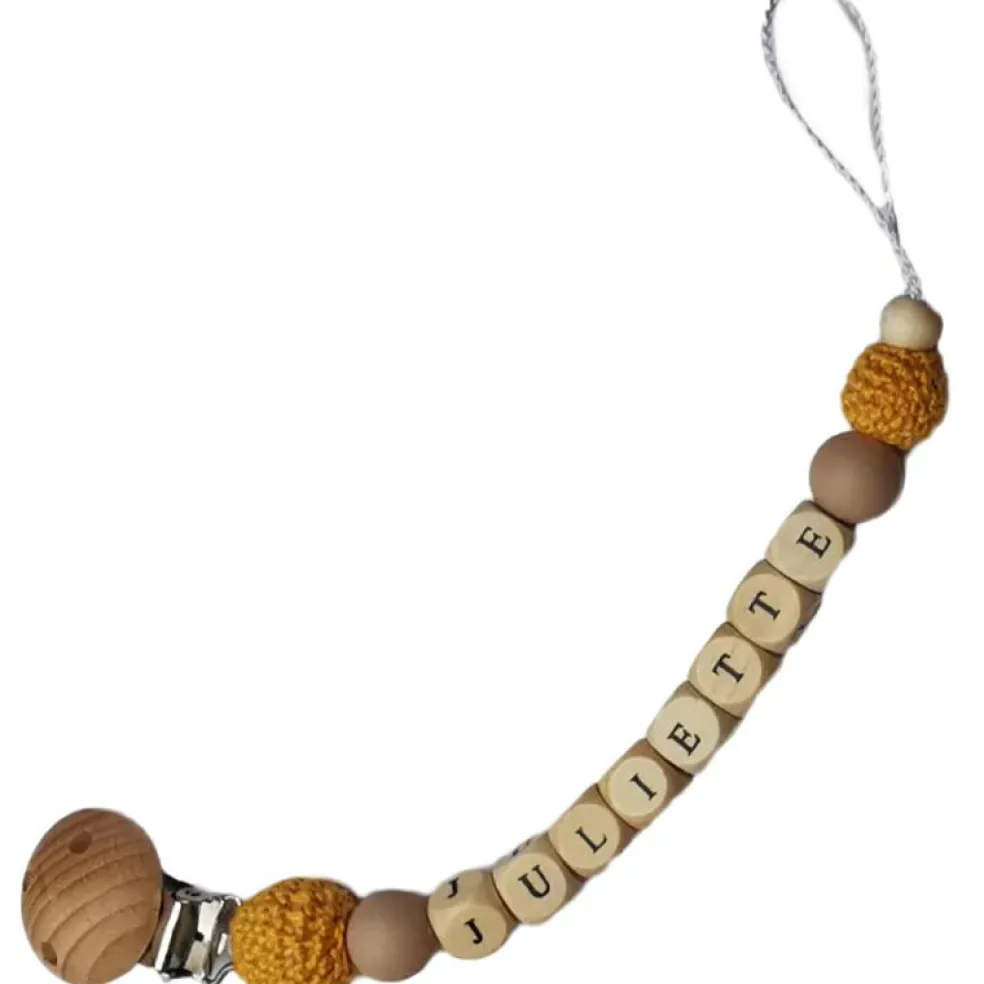 Attache sucette en bois beige et moutarde (personnalisable)