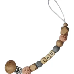 Attache sucette en bois marbre et rose pâle (personnalisable)