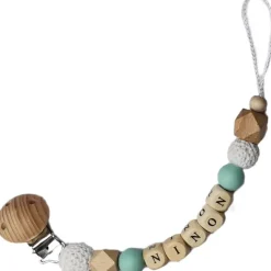 Attache sucette en bois mint et blanc (personnalisable)