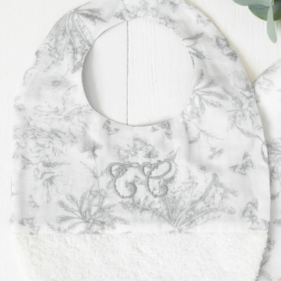 Bavoir à pression Toile de Jouy gris