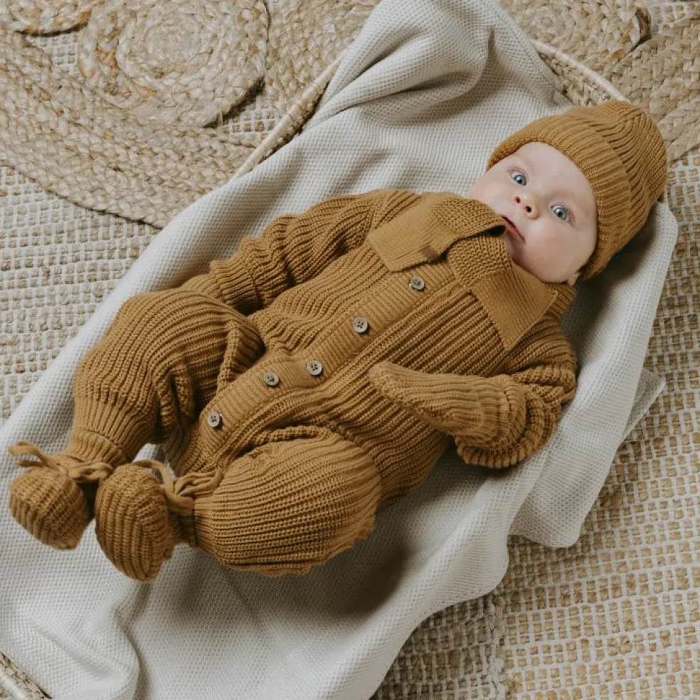 Bonnet bébé en teddy coton bio Soul Caramel (0-3 mois)