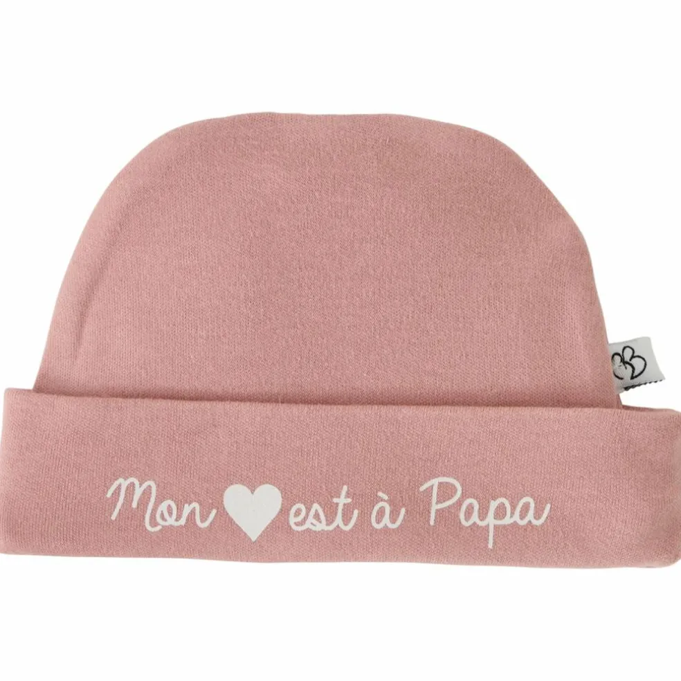 Bonnet de naissance doublé pur coton Mon cœur est à Papa rose thé