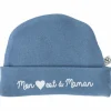 Bonnet de naissance doublé pur coton Mon cœur est à Maman pierre bleue