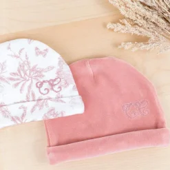 Bonnet de naissance en coton blanc Toile de Jouy