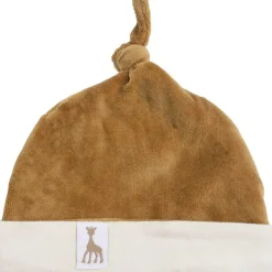 Bonnet de naissance en velours camel Sophie la girafe (0-1 mois)