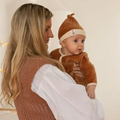 Bonnet de naissance en velours camel Sophie la girafe (0-1 mois)