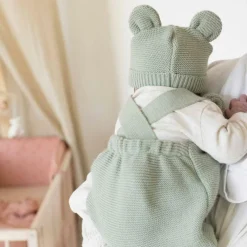 Bonnet de naissance Ours en maille Vert Olive (0-1 mois)