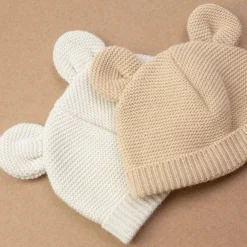 Bonnet de naissance Ours en maille Sable (0-1 mois)
