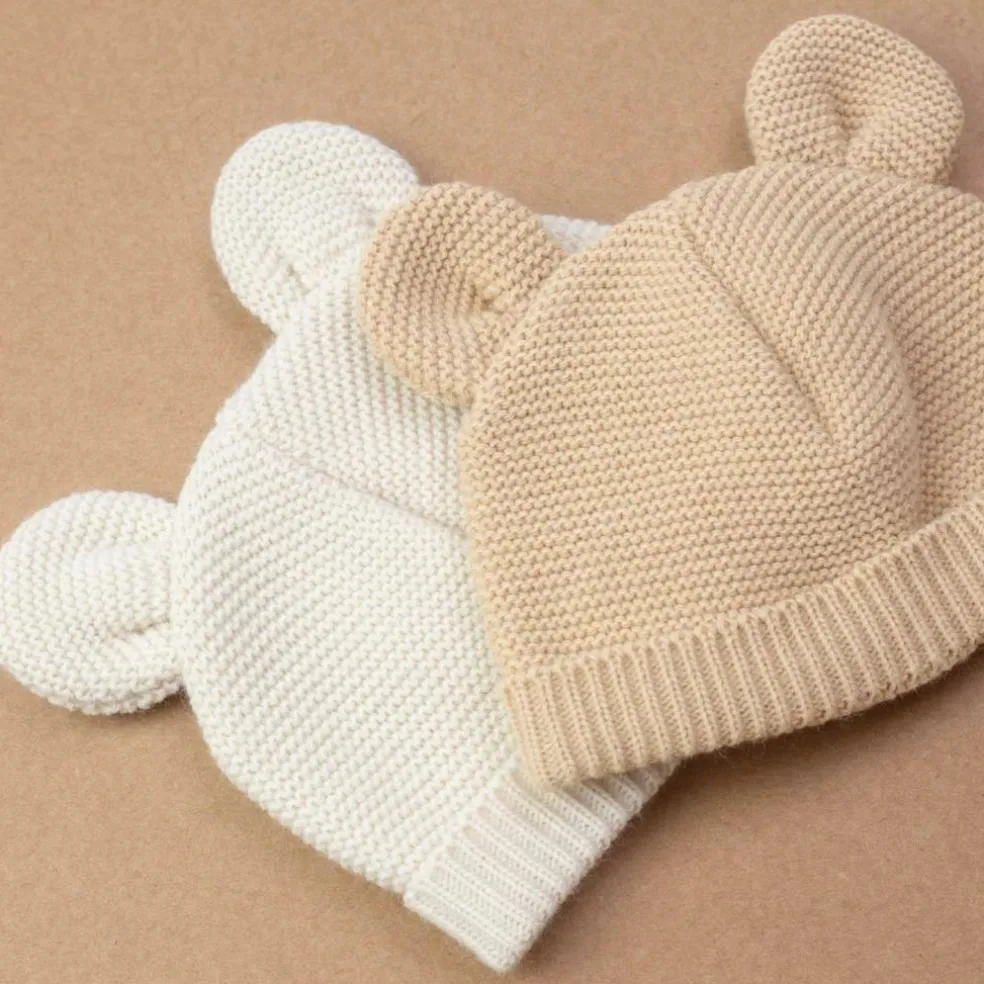 Bonnet de naissance Ours en maille Sable (0-1 mois)