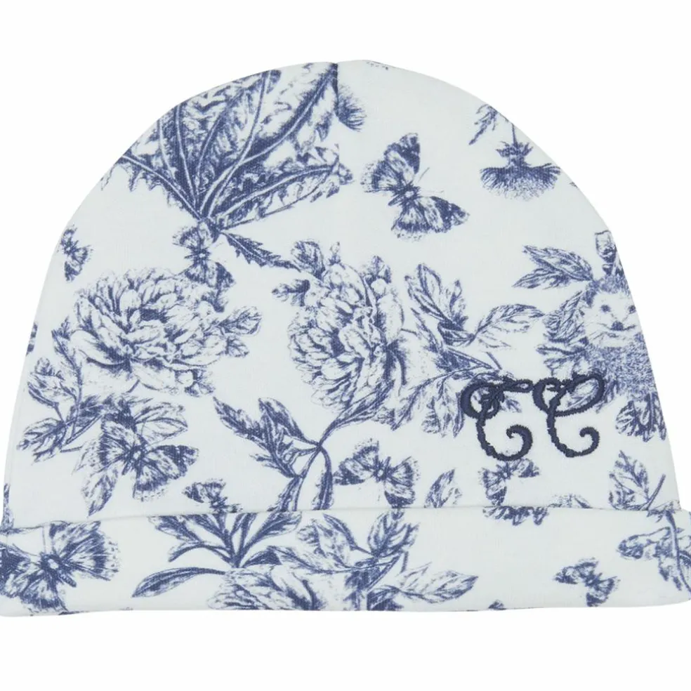 Bonnet de naissance Toile de Jouy bleu