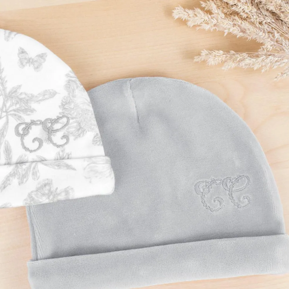 Bonnet de naissance Toile de Jouy gris