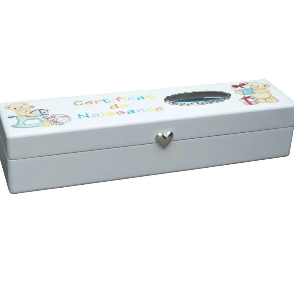 Boîte souvenir certificat de naissance Oursons personnalisable (métal argenté)