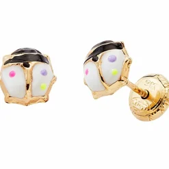 Boucles d'oreilles Coccinelle Blanc-Noir (or jaune 375°)