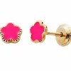Boucles d'oreilles Fleur laquée Fushia (or jaune 375°)