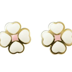 Boucles d'oreilles fleur rose émaillée blanche (or jaune 375°)