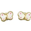 Boucles d'oreilles papillon émaillé blanc à pois rose (or jaune 375°)
