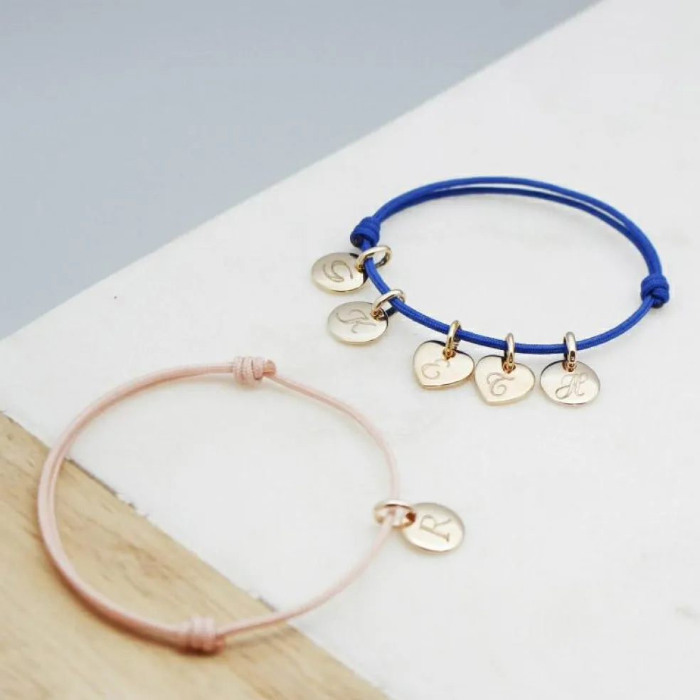 Bracelet cordon 2 charms coeur personnalisable (plaqué or)