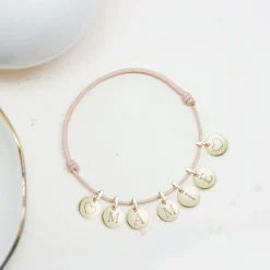 Bracelet cordon 2 charms rond personnalisable (plaqué or)