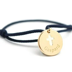 Bracelet cordon Croix ivoire plaqué or (personnalisable)