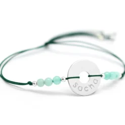 Bracelet cordon Rainbow Mini jeton vert forêt personnalisable (argent 925°)