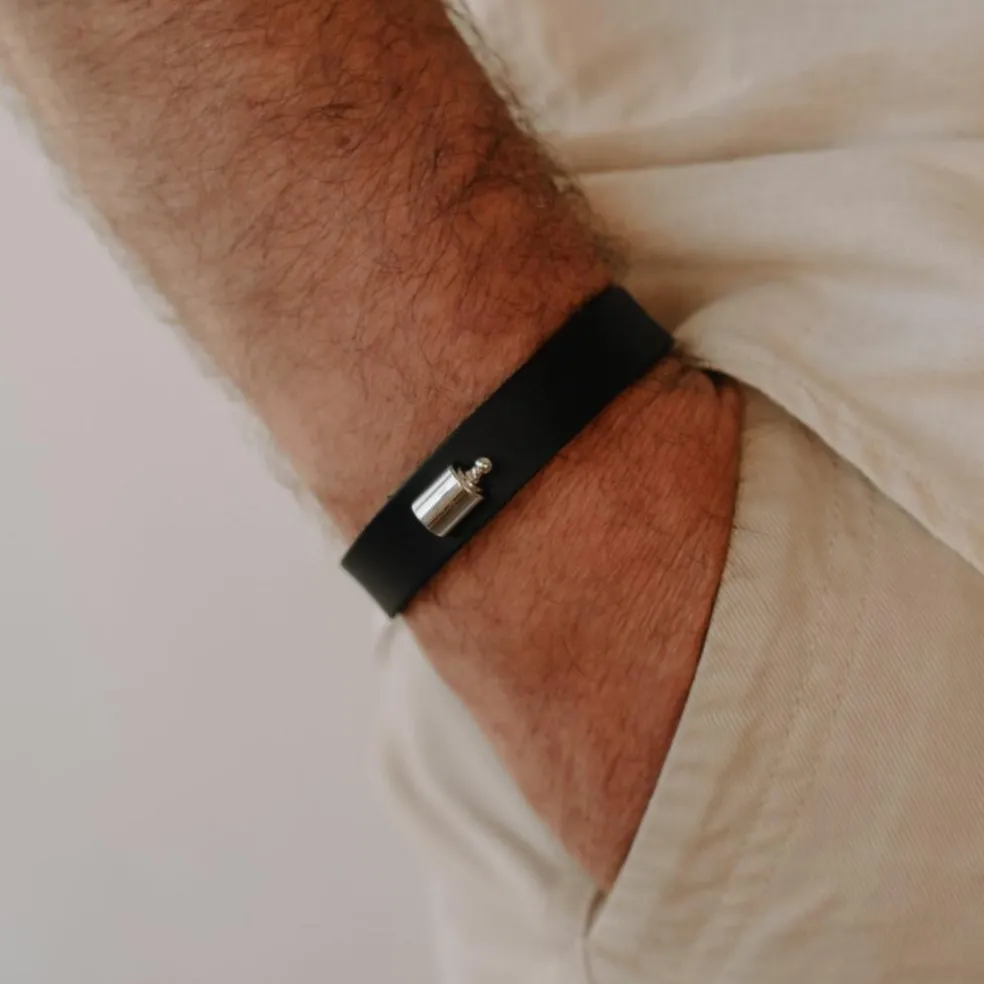 Bracelet en cuir Mon Petit Poids Noir (argent rhodié)