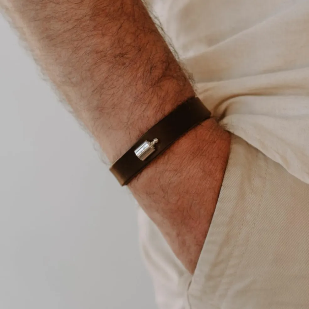 Bracelet en cuir Mon Petit Poids Brun (argent rhodié)