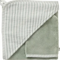 Cape de bain + gant éponge bambou et gaze rayé vert de gris