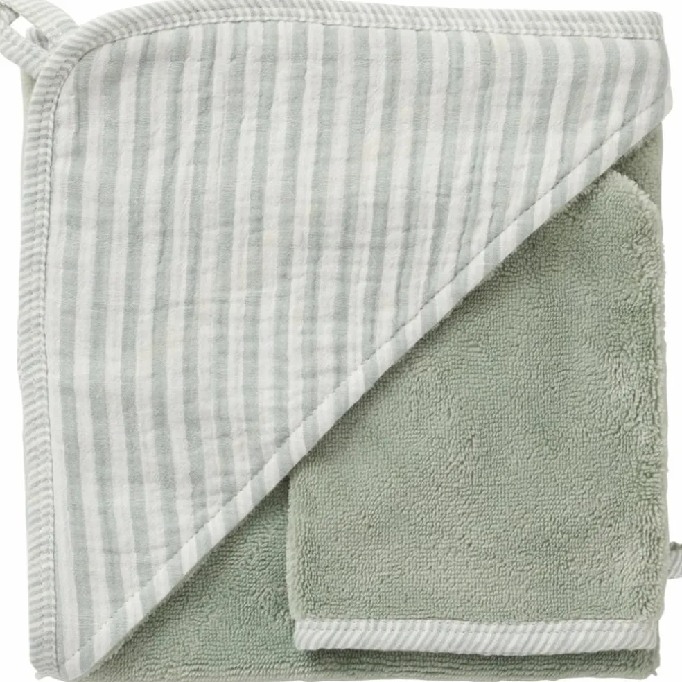 Cape de bain + gant éponge bambou et gaze rayé vert de gris - Reconditionné