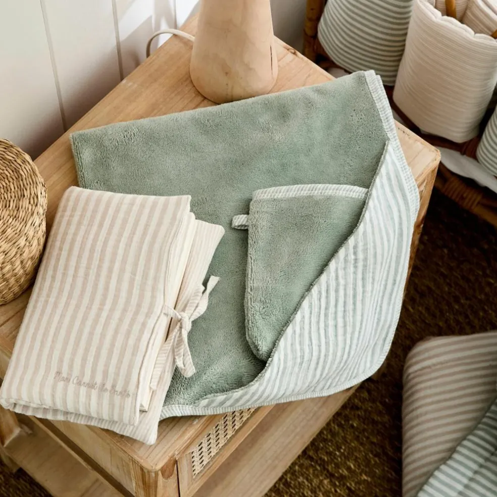 Cape de bain + gant éponge bambou et gaze rayé vert de gris - Reconditionné