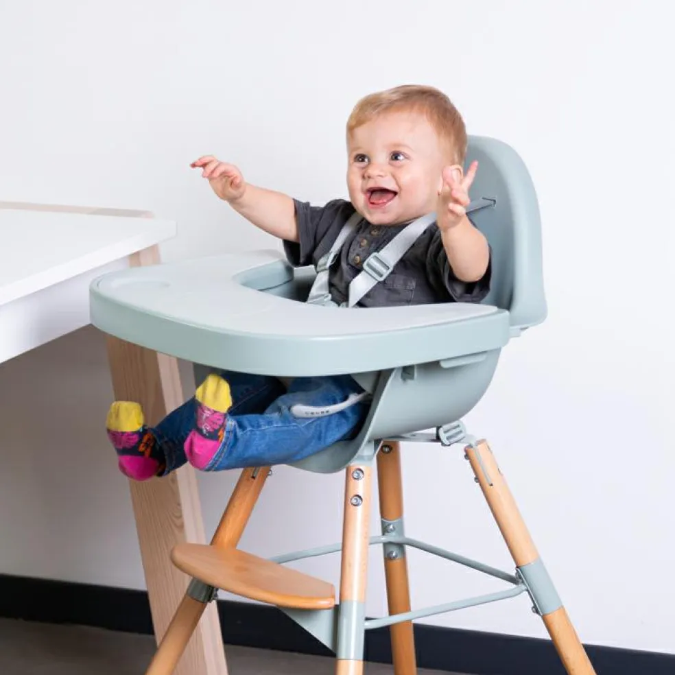 Chaise haute en bois naturel Evolu 2 menthe + arceau