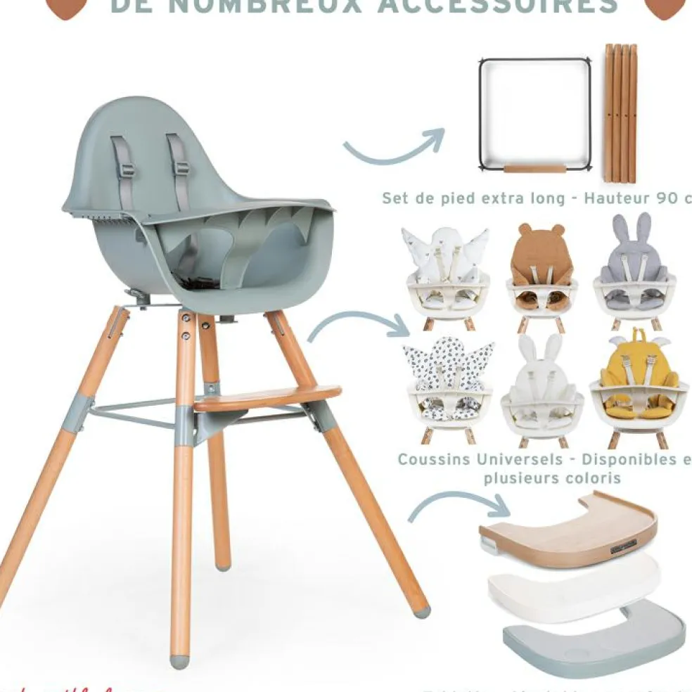 Chaise haute en bois naturel Evolu 2 menthe + arceau