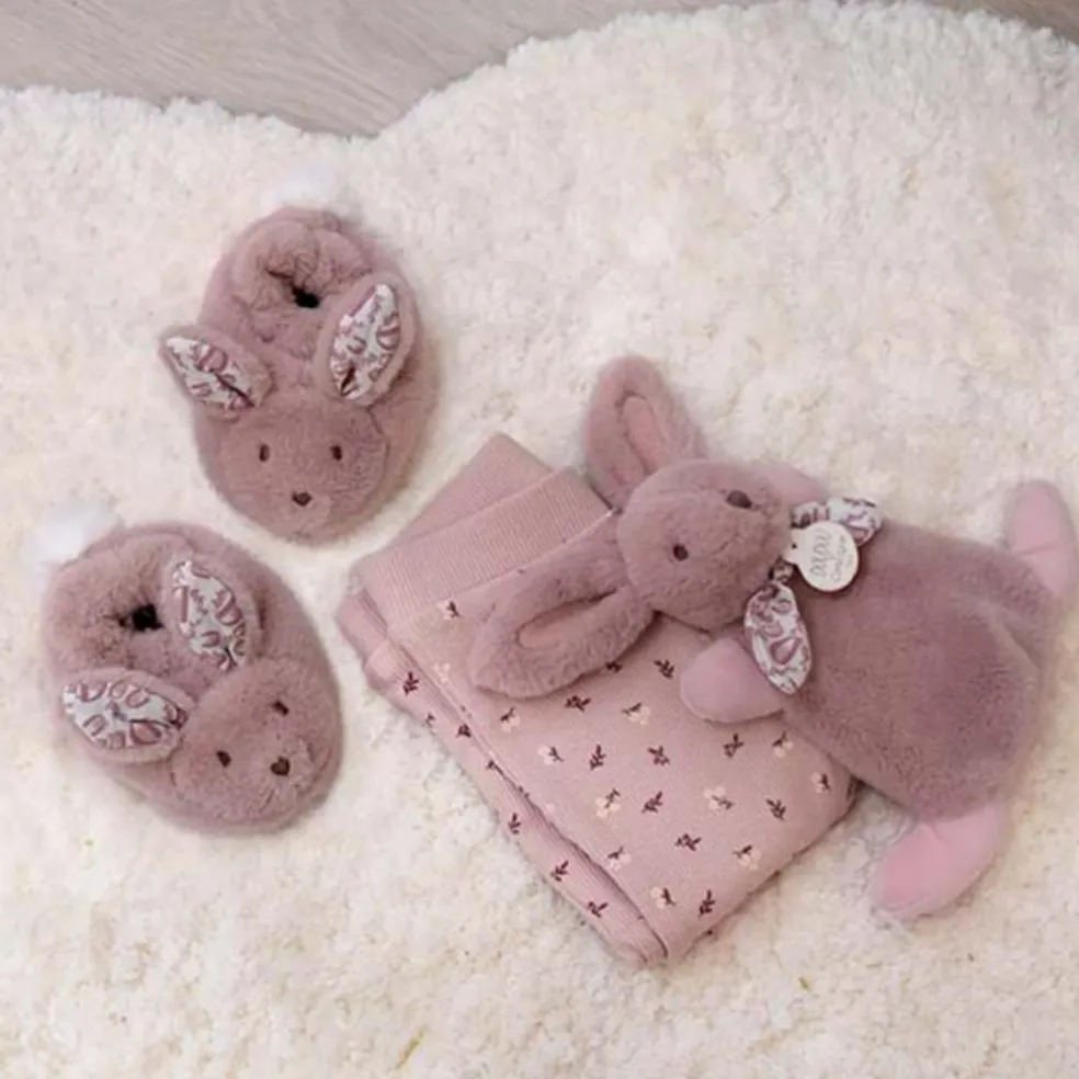 Coffret Chaussons et Doudou Rose Lapin Doudou
