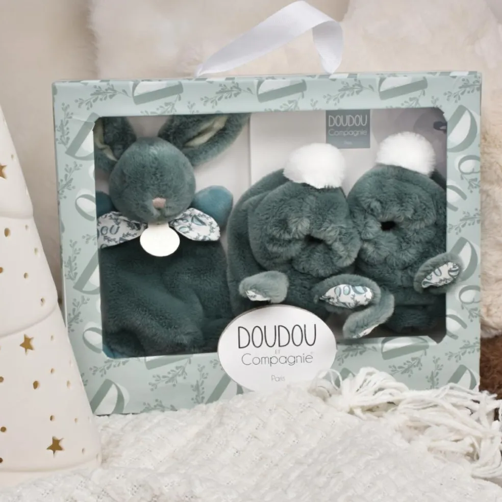 Coffret Chaussons et Doudou Vert Sauge Lapin Doudou