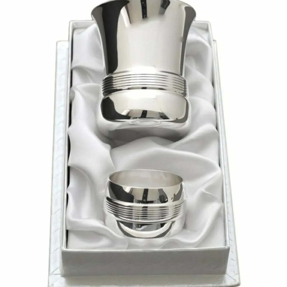 Coffret timbale et rond de serviette Filets personnalisable (métal argenté)