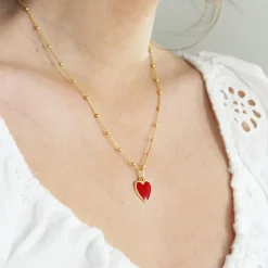 Collier Cœur rouge chaîne perlée personnalisable (plaqué or)