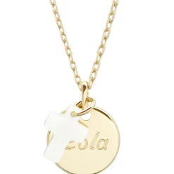 Collier enfant médaille et croix en nacre personnalisable (plaqué or)