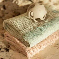 Couverture en gaze de coton Fringe Stripe Biscuit (120 x 120 cm)