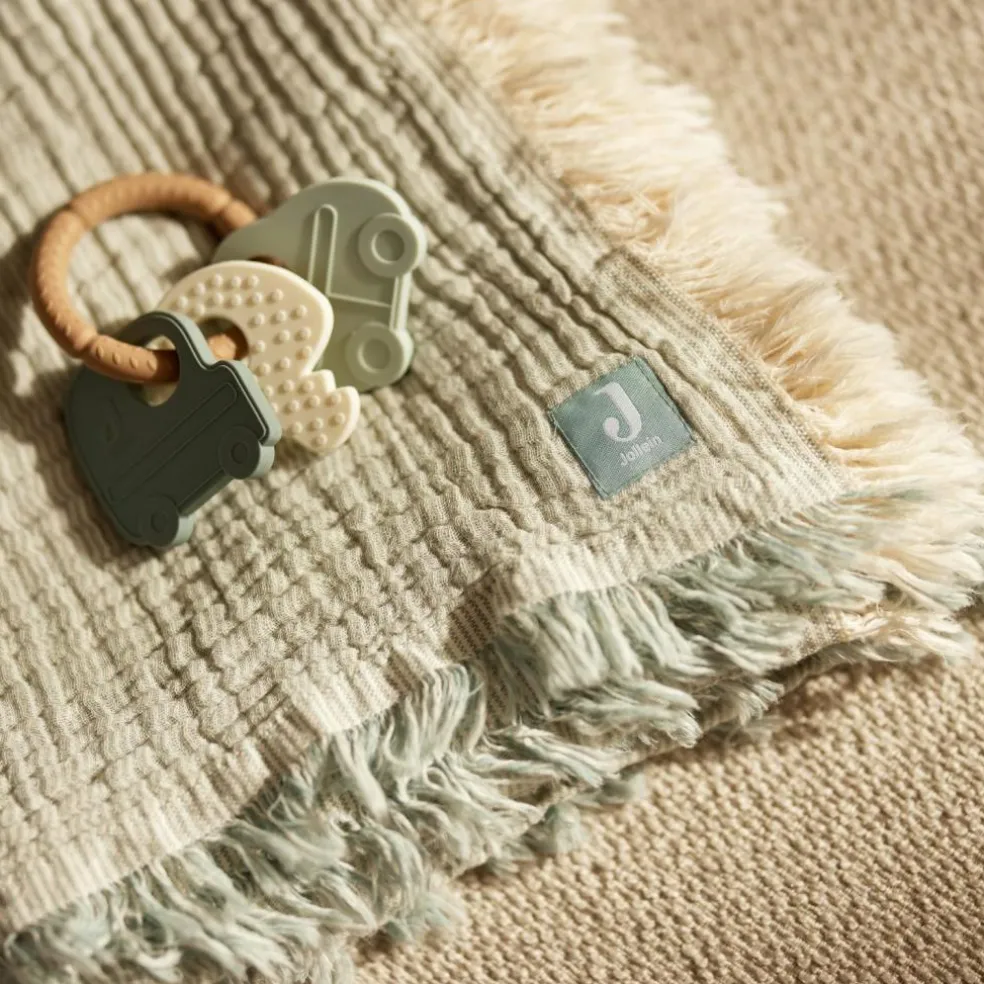 Couverture en gaze de coton Fringe Stripe Sea Green (75 x 100 cm)