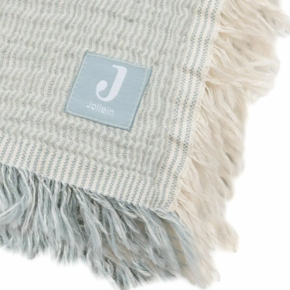 Couverture en gaze de coton Fringe Stripe Sea Green (75 x 100 cm)