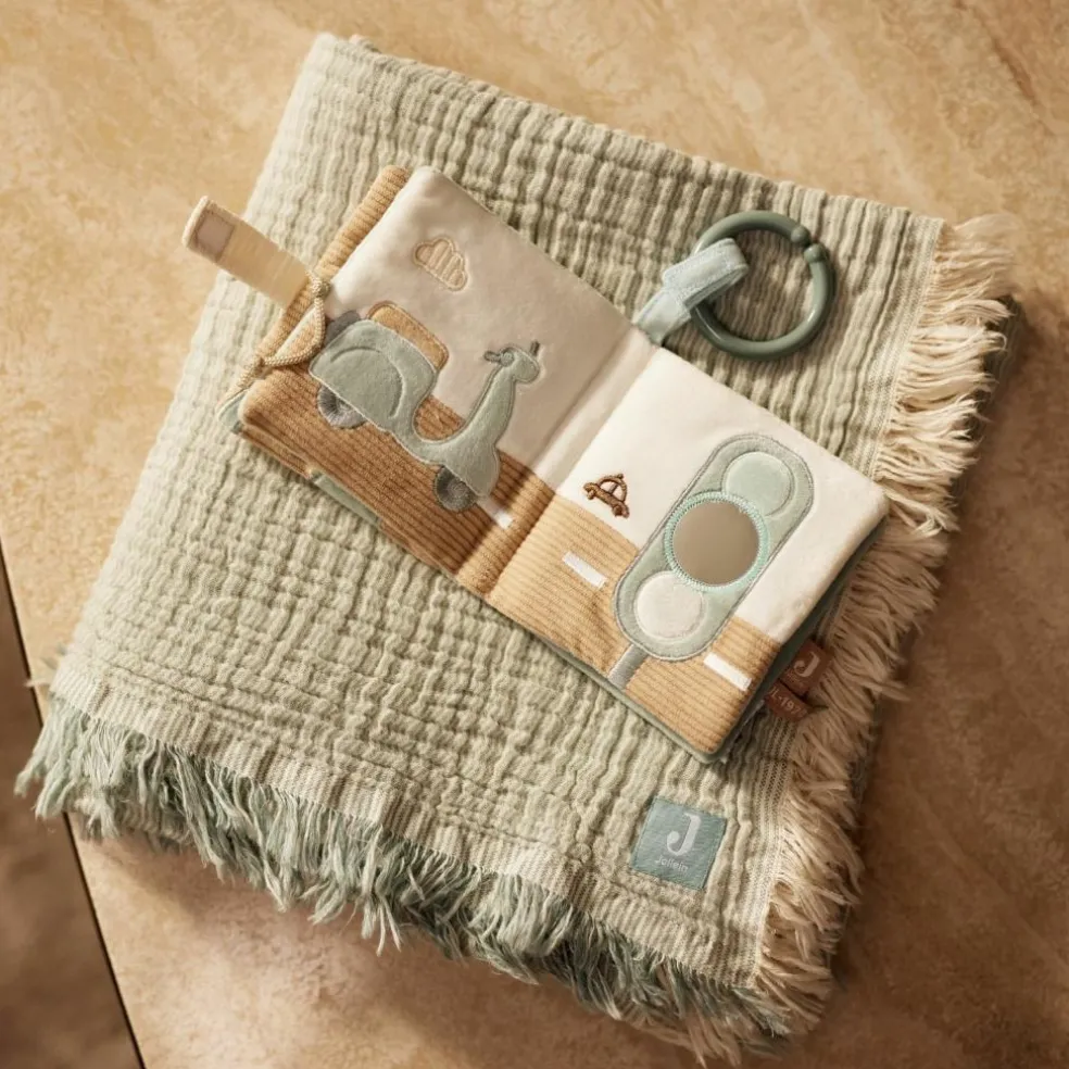 Couverture en gaze de coton Fringe Stripe Sea Green (75 x 100 cm)