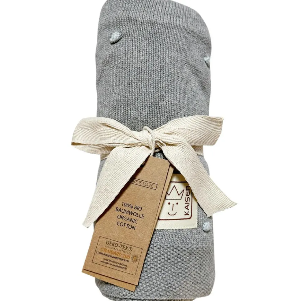 Couverture en tricot et coton bio gris et bleu clair (80 x 100 cm)