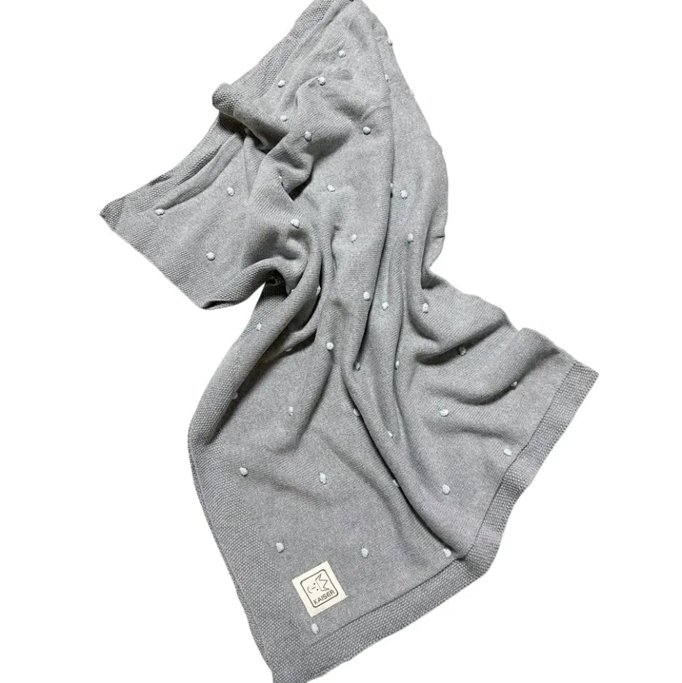 Couverture en tricot et coton bio gris et bleu clair (80 x 100 cm)