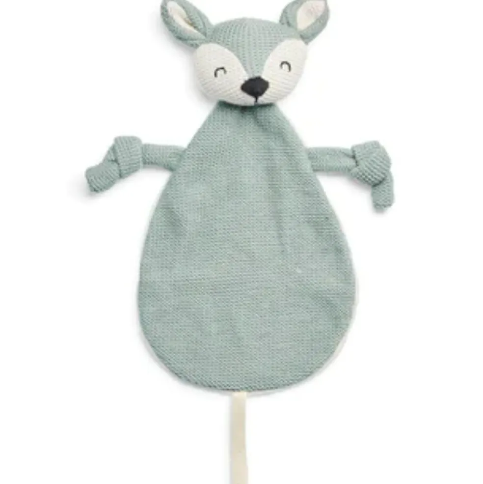 Doudou attache sucette biche en tricot vert cendre