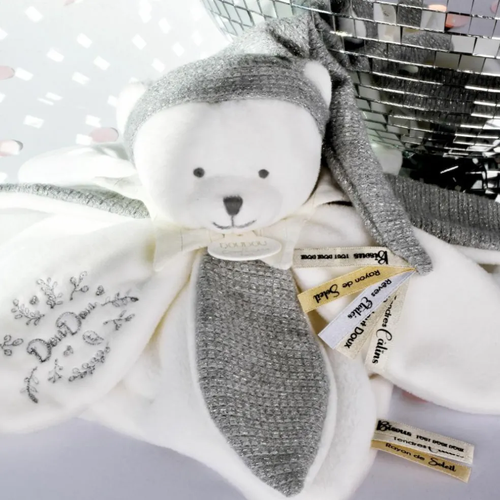 Doudou plat pétales Ours Argent (25 cm)