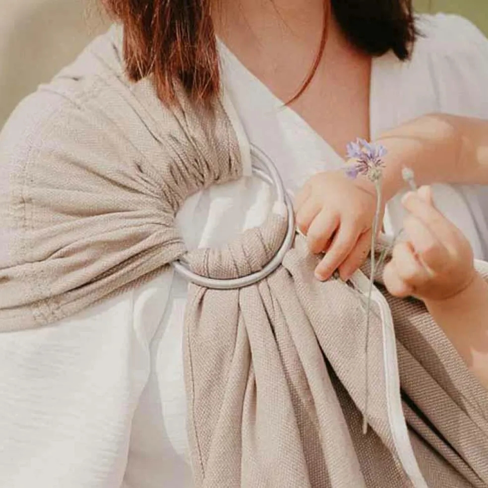 Echarpe de portage Sling sans noeud tissé en coton bio beige sable