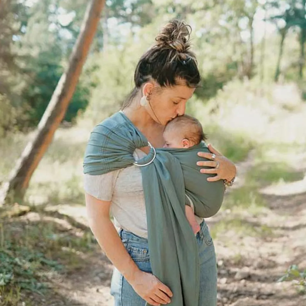 Echarpe de portage Sling sans noeud tissé en coton bio vert eucalyptus