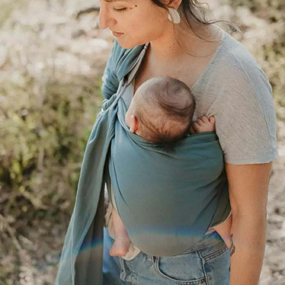 Echarpe de portage Sling sans noeud tissé en coton bio vert eucalyptus
