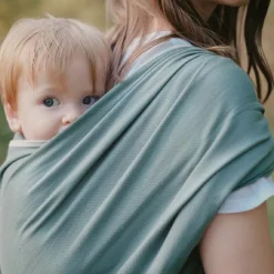 Echarpe de portage tissée en coton bio vert eucalyptus (4,60 m)
