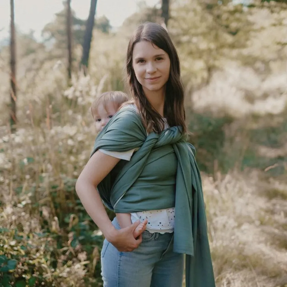 Echarpe de portage tissée en coton bio vert eucalyptus (4,60 m)