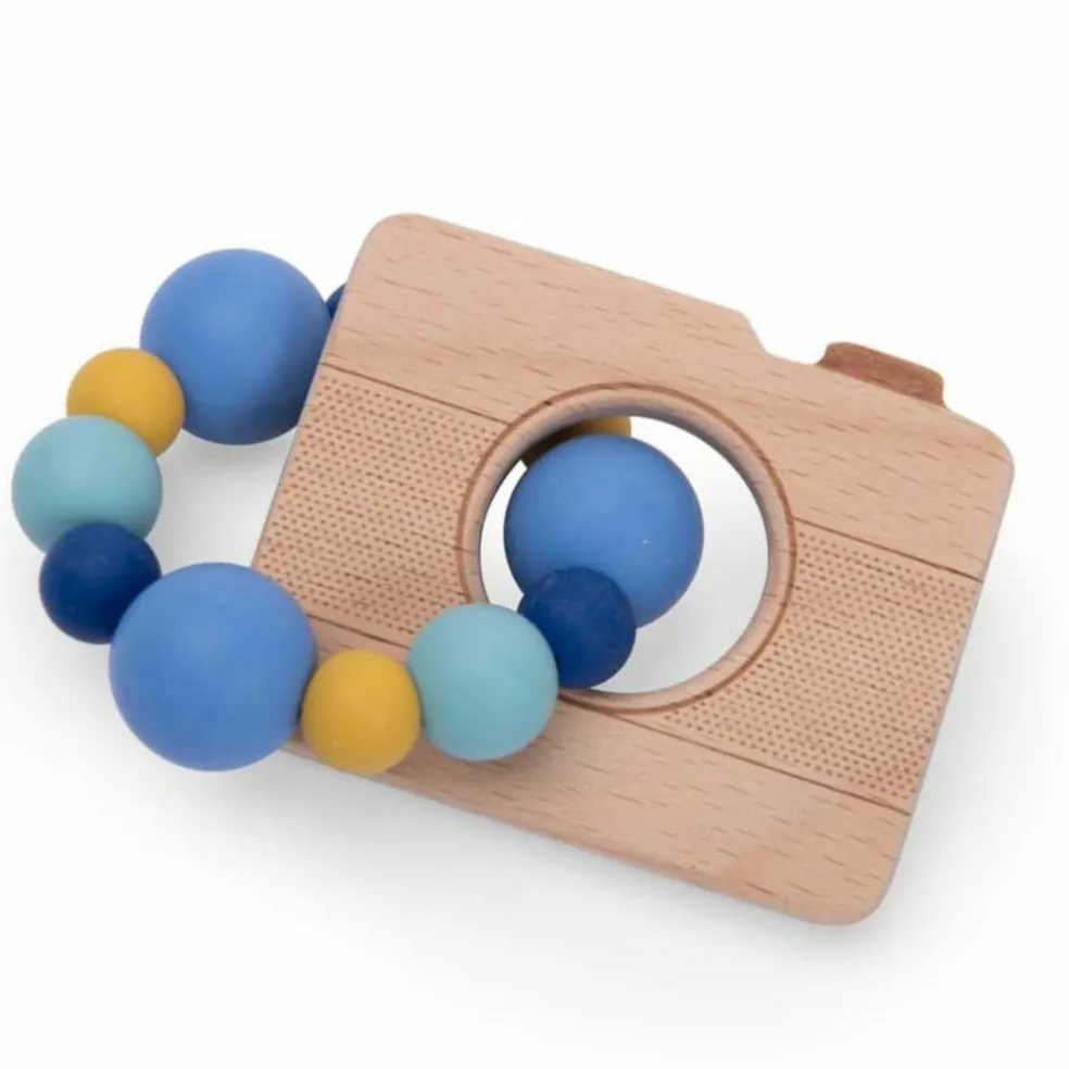 Hochet anneau de dentition bois et silicone appareil photo Puce et Pilou